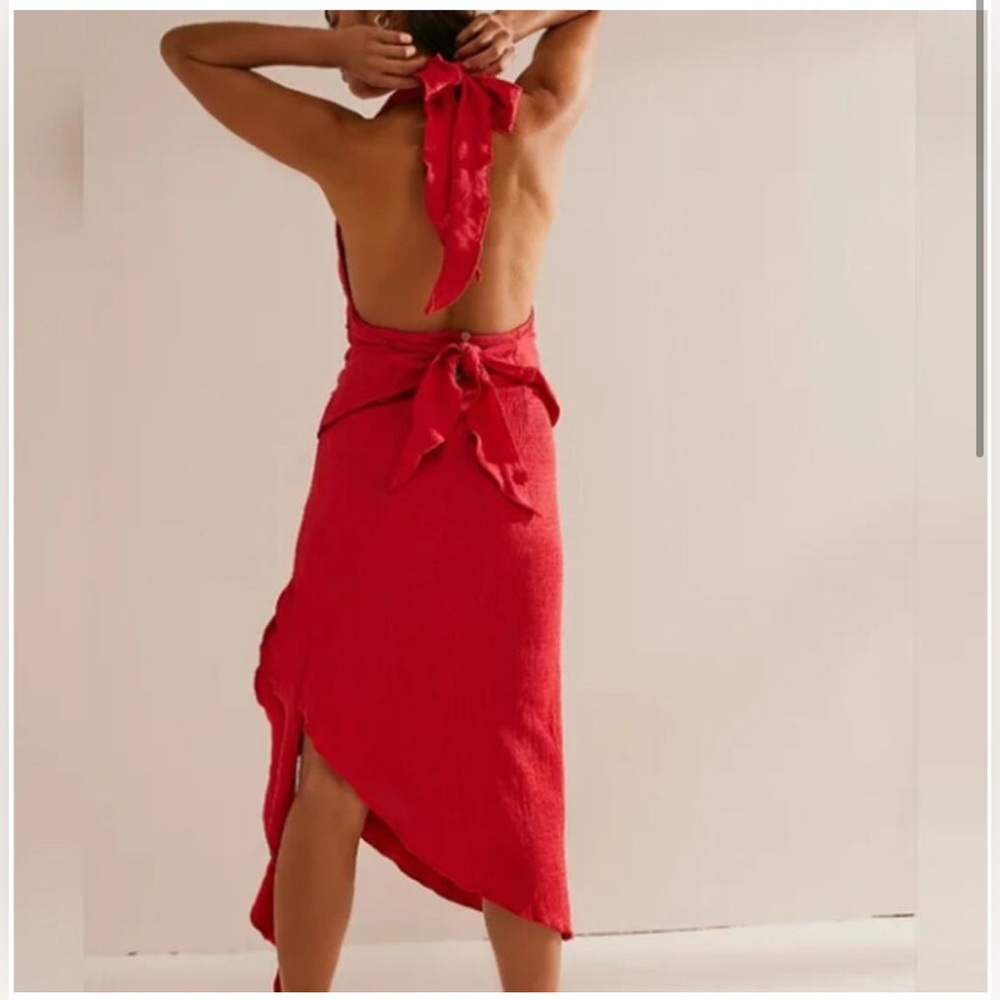 NEW Free People TAKE A DIP Midi Halter Tie Back Dress in Lychee Red Size L NWOT - Picture 2 of 9